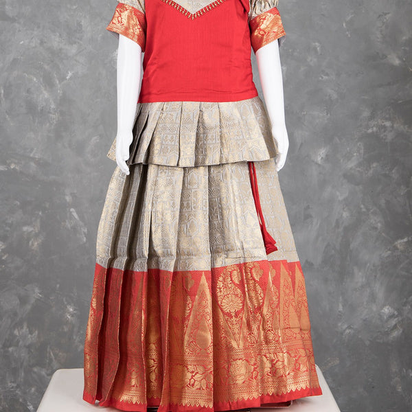 Red And Grey Embossed Kids Pavadai