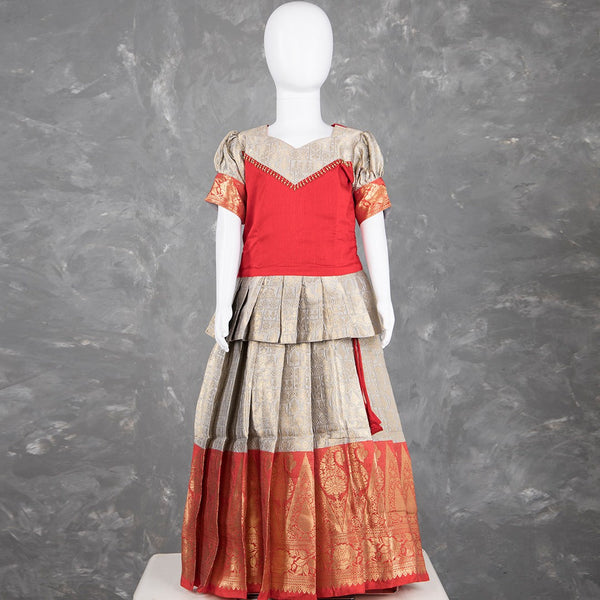 Red And Grey Embossed Kids Pavadai