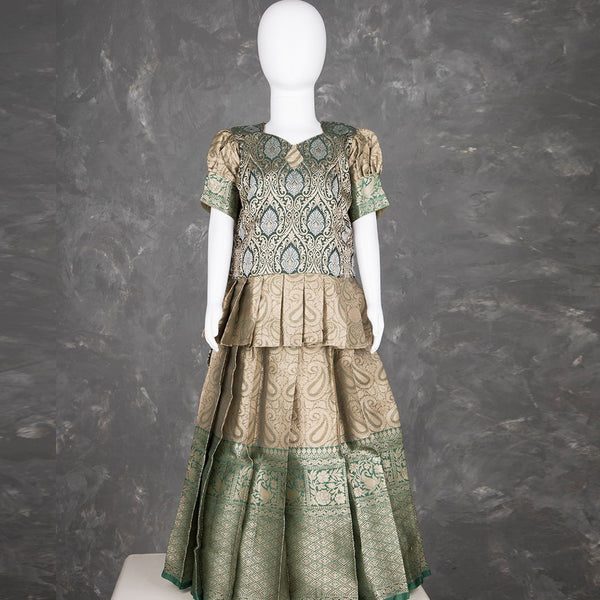 Green Embossed Kids Pavadai