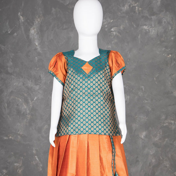 Green And Orange Embossed Kids Pavadai