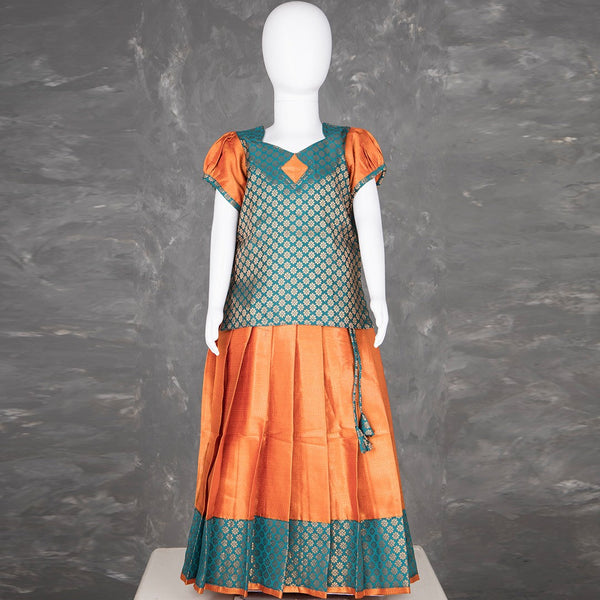 Green And Orange Embossed Kids Pavadai