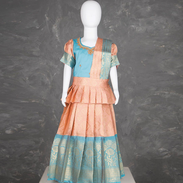 Aqua Blue And Peach Embossed Kids Pavadai