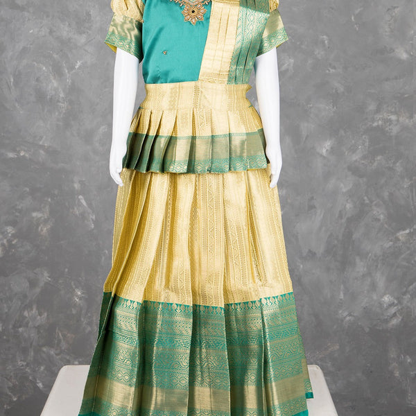 Green And Mustard Yellow Embossed Kids Pavadai