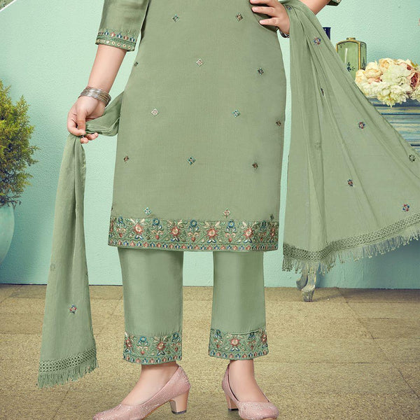 Silk Cotton Sage Green Salwar Suit 02 - Kumaran Silks