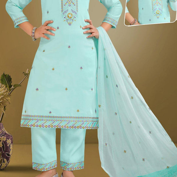 Silk Cotton Sky Blue Salwar Suit 02 - Kumaran Silks