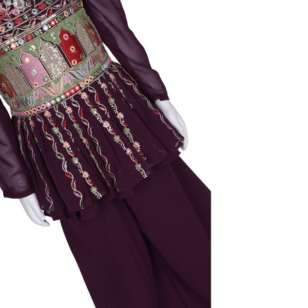 Wine Colour Embroidered Palazzo Set