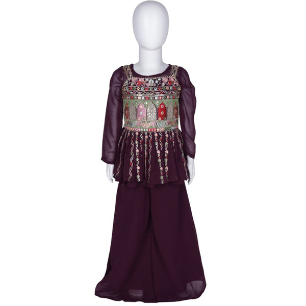 Wine Colour Embroidered Palazzo Set