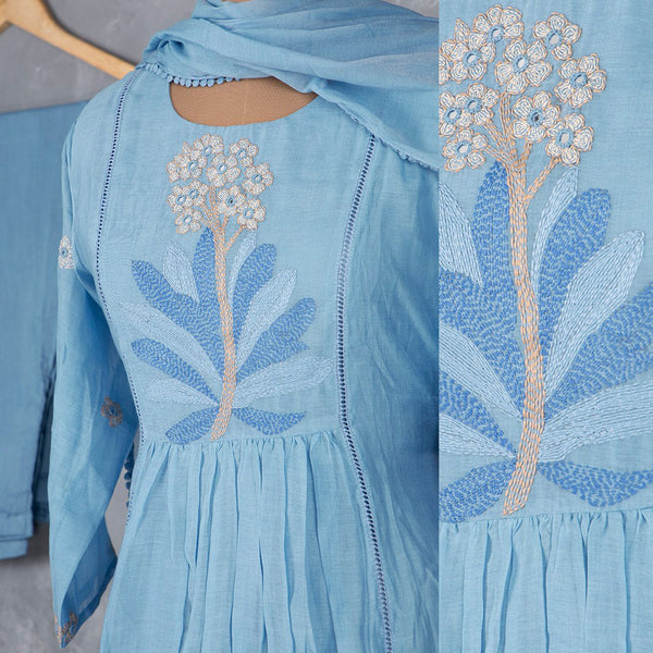 Light Blue Thread Embroidered Readymade Salwar Suit