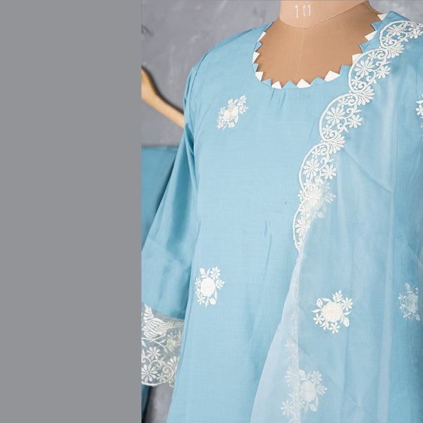 Sky Blue Silk Cotton Thread Readymade Salwar Suit