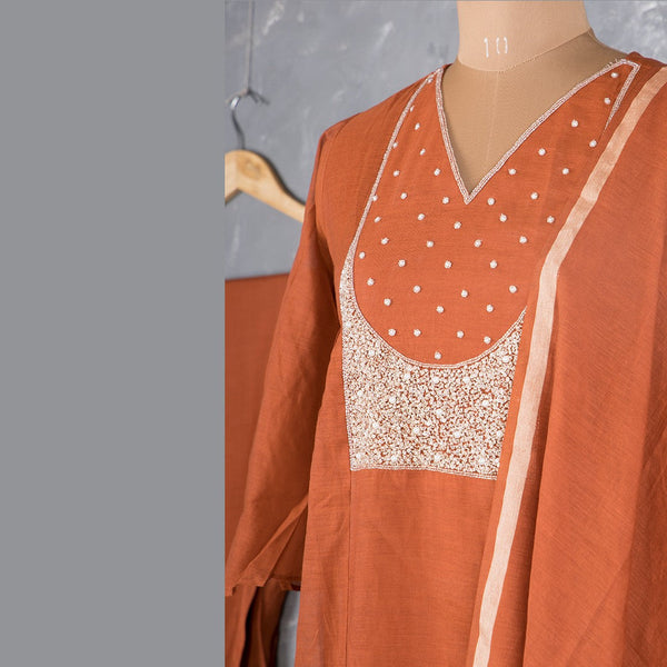 Rust Orange Cotton Embroidered Readymade Salwar Suit