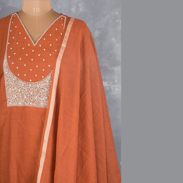 Rust Orange Cotton Embroidered Readymade Salwar Suit