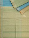 Blue green and beige striped raw silk saree - Kumaran Silks