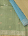 Blue green and beige striped raw silk saree - Kumaran Silks