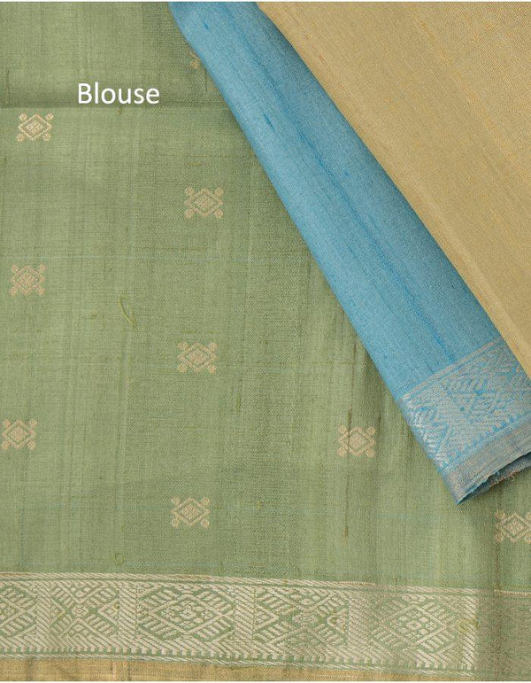 Blue green and beige striped raw silk saree - Kumaran Silks