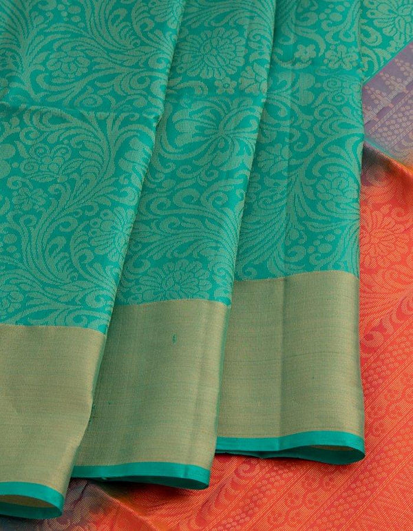 Green Brocade Soft Silk Saree Pink Floral Designed Pallu - Kumaran Silks