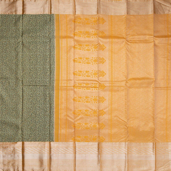 Green Leopard Printed Silk Saree With Mustard Zari Border - Kumaran Silks