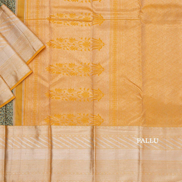 Green Leopard Printed Silk Saree With Mustard Zari Border - Kumaran Silks