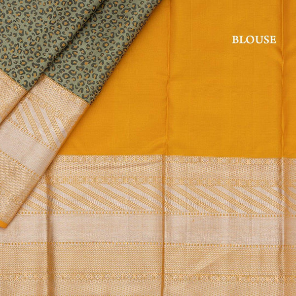Green Leopard Printed Silk Saree With Mustard Zari Border - Kumaran Silks