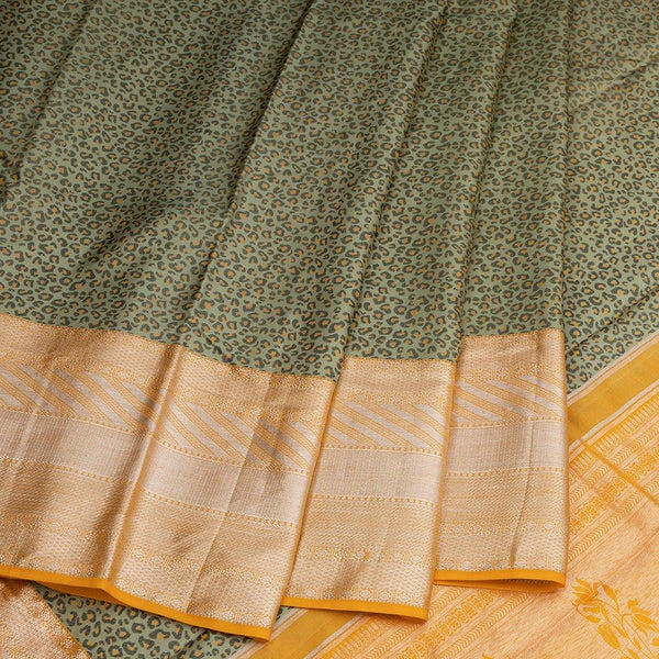 Green Leopard Printed Silk Saree With Mustard Zari Border - Kumaran Silks