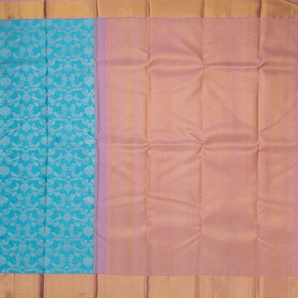 Blue Floral Brocade Silk Saree With Pink Zari Border - Kumaran Silks
