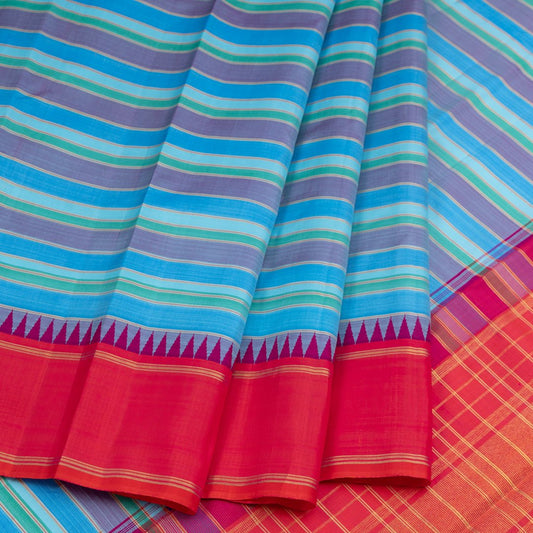 Tricoloured Striped Silk Saree With Red Temple Border