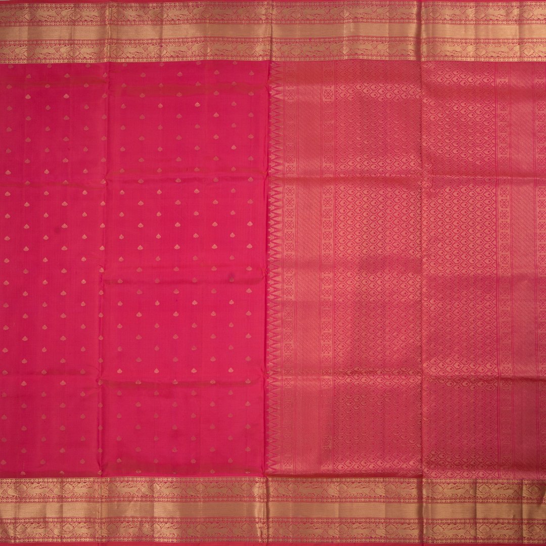 Ruby Pink Silk Saree Spade Buttas And Temple Design On The Pallu with Peacock And Yazhi Gold Zari Border