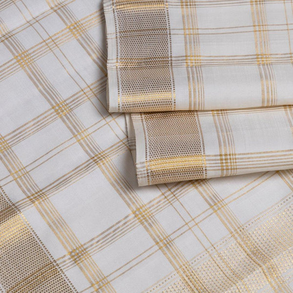 Cream Silk Dhoti With Gold Checks And Traditional Zari Border - Kumaran Silks