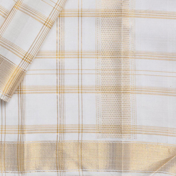Cream Silk Dhoti With Gold Checks And Traditional Zari Border - Kumaran Silks