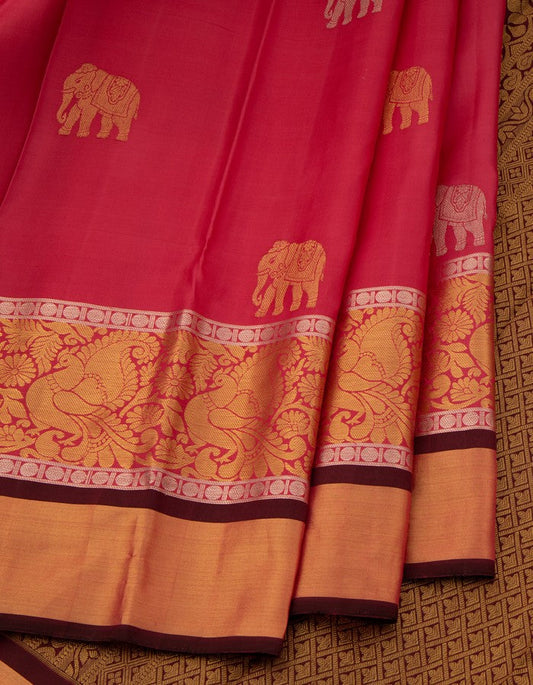 Pink Silk Saree With Elephant Motifs And Grand Border