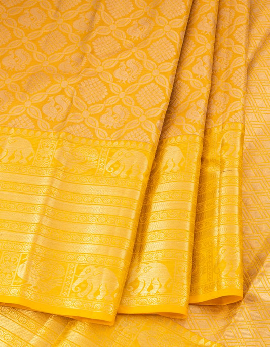 Golden Silk Saree With Silver Brocade Pattern