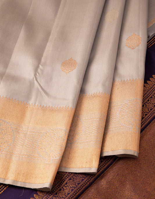 Grey Silk Saree With Silver And Copper Shaded Zari Work