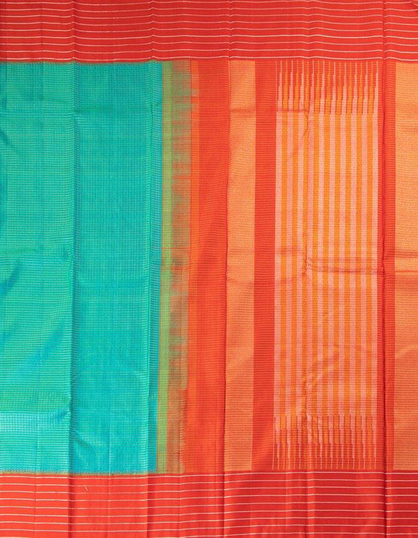 Blue Micro Checked Silk Saree With Striped Red Border - Kumaran Silks