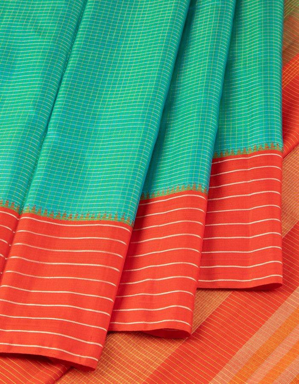 Blue Micro Checked Silk Saree With Striped Red Border - Kumaran Silks