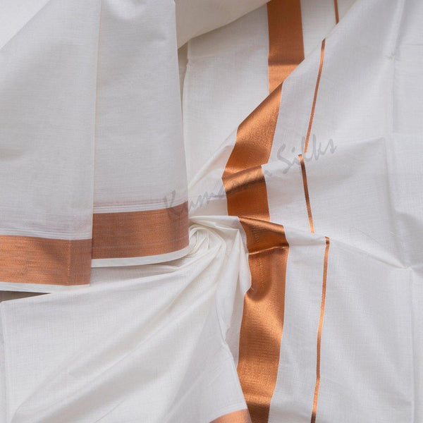 8 Muzham Unbleached Cotton Dhoti With Copper Zari Border - Kumaran Silks