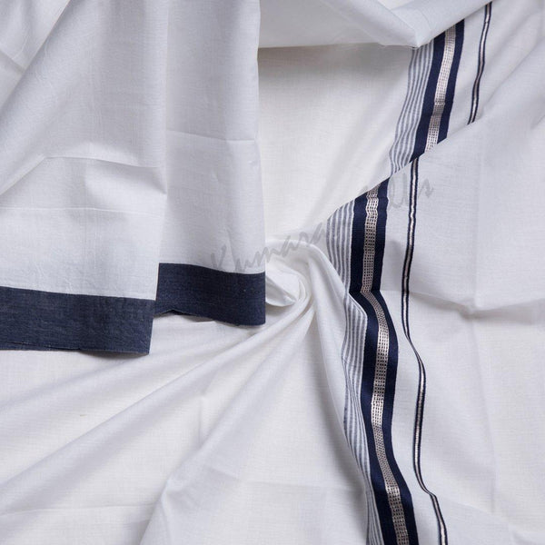 8 Muzham White Cotton Dhoti With Blue Border - Kumaran Silks