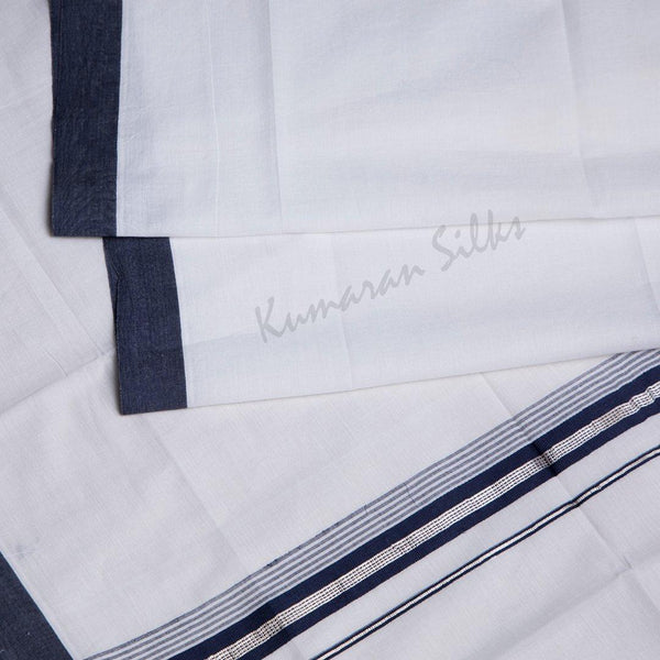 8 Muzham White Cotton Dhoti With Blue Border - Kumaran Silks