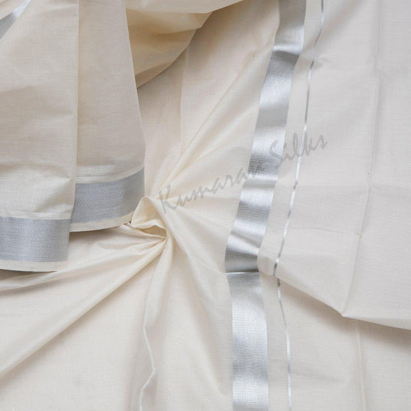 8 Muzham Unbleached Cotton Dhoti With Silver Zari Border - Kumaran Silks