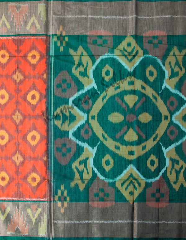 Orange Pochampally Silk Cotton Saree With Ikat Border 02