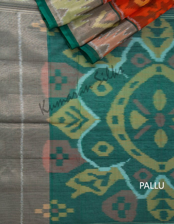 Orange Pochampally Silk Cotton Saree With Ikat Border 02