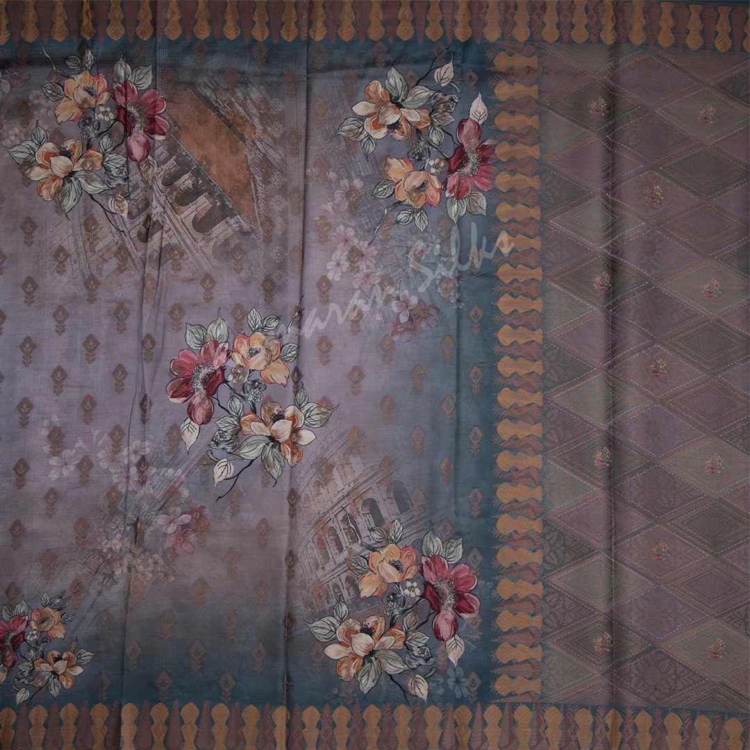 Semi Raw Silk Printed Lilac Grey Saree