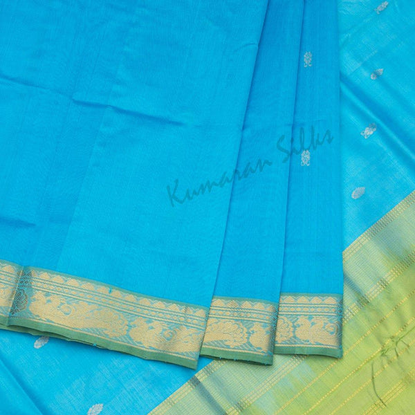 Amirthavarshni Sky Blue Silk Cotton Saree With Green Border - Kumaran Silks