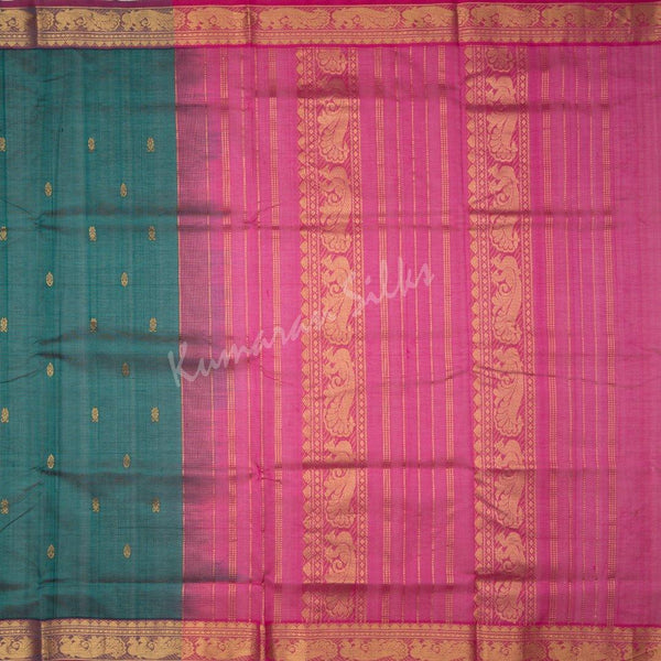 Amirthavarshni Peacock Green Silk Cotton Saree With Pink Border - Kumaran Silks