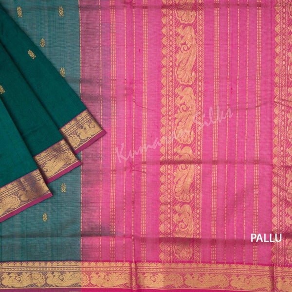 Amirthavarshni Peacock Green Silk Cotton Saree With Pink Border - Kumaran Silks