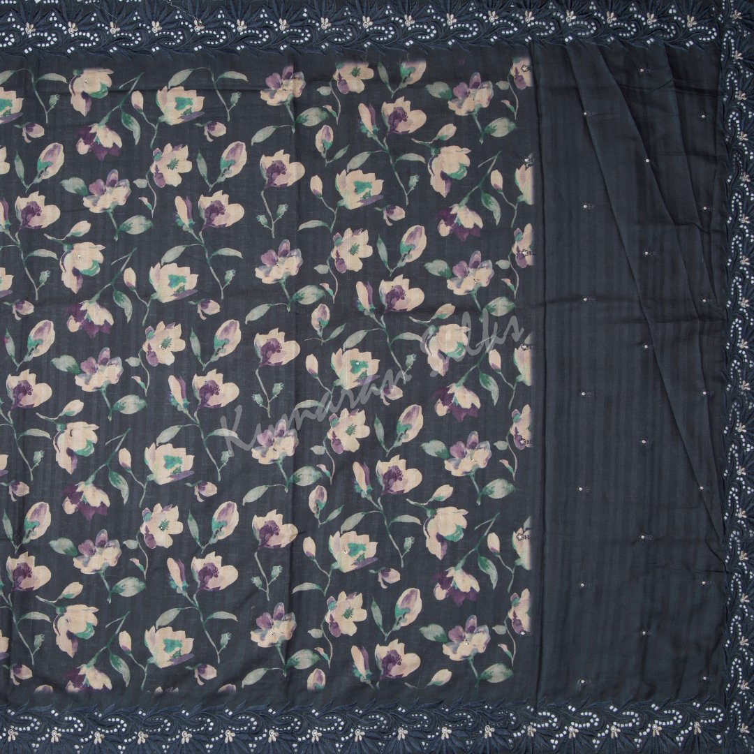 Semi Raw Silk Printed Dark Grey Saree With Cut Work Embroidery Border