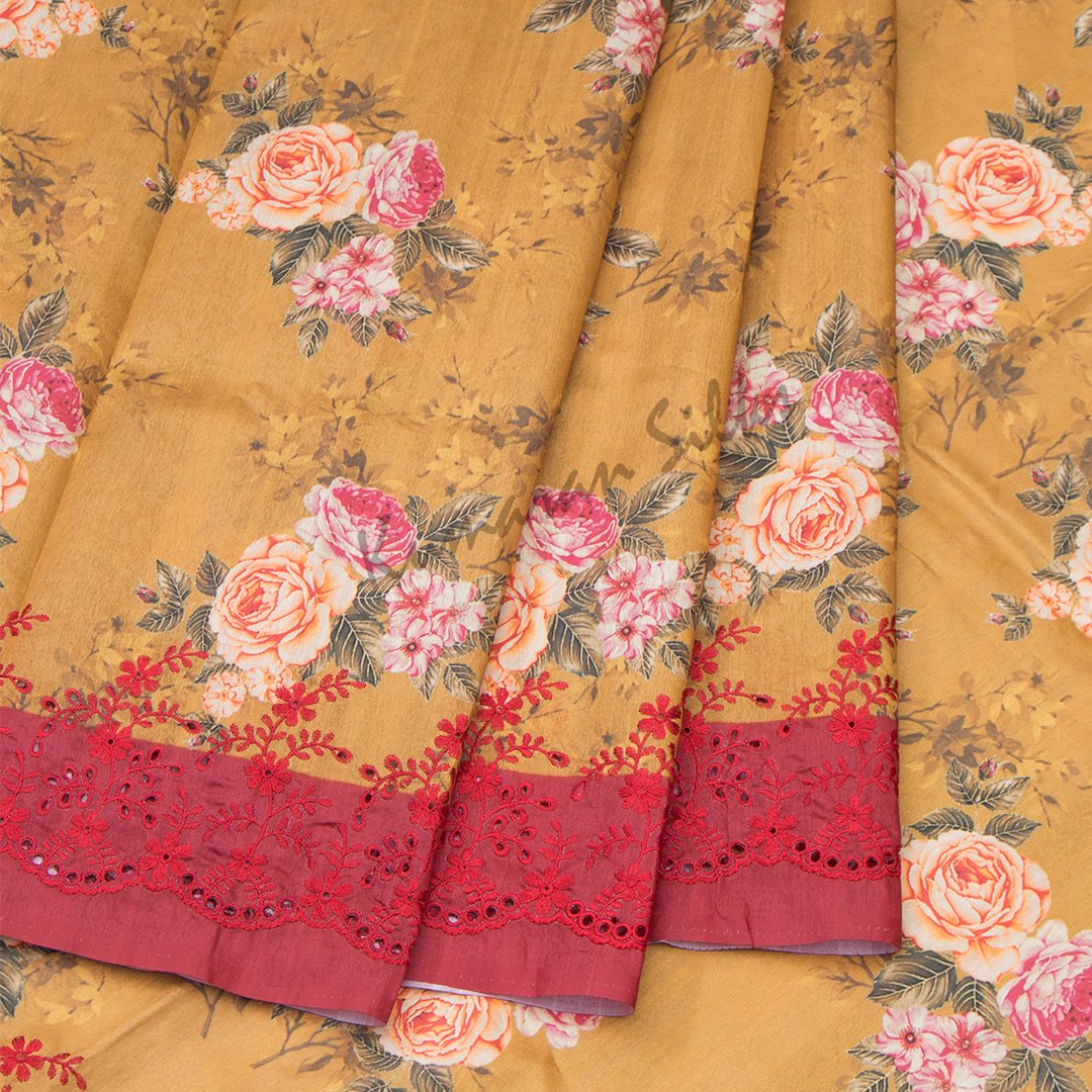 Semi Raw Silk Printed Golden Brown Saree With Cut Work Embroidery Border