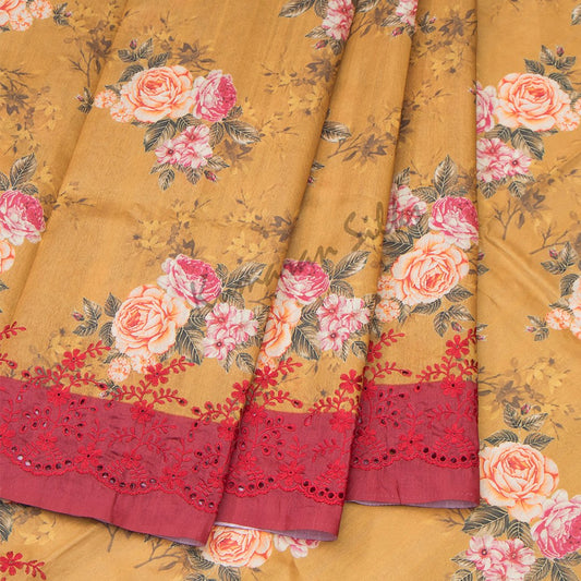 Semi Raw Silk Printed Golden Brown Saree With Cut Work Embroidery Border