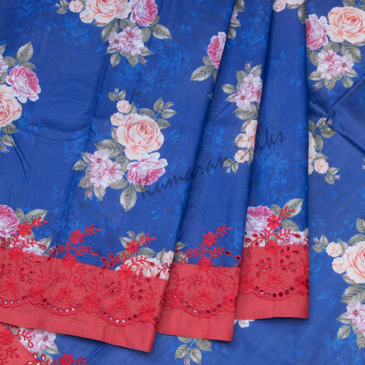 Semi Raw Silk Printed Dark Blue Saree With Cut Work Embroidery Border