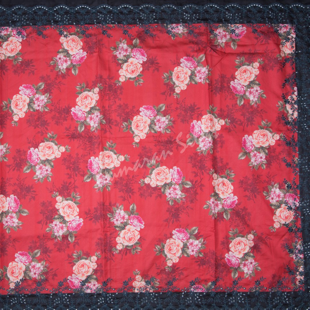 Semi Raw Silk Printed Red Saree With Cut Work Embroidery Border