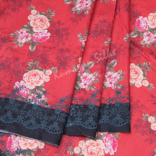 Semi Raw Silk Printed Red Saree With Cut Work Embroidery Border