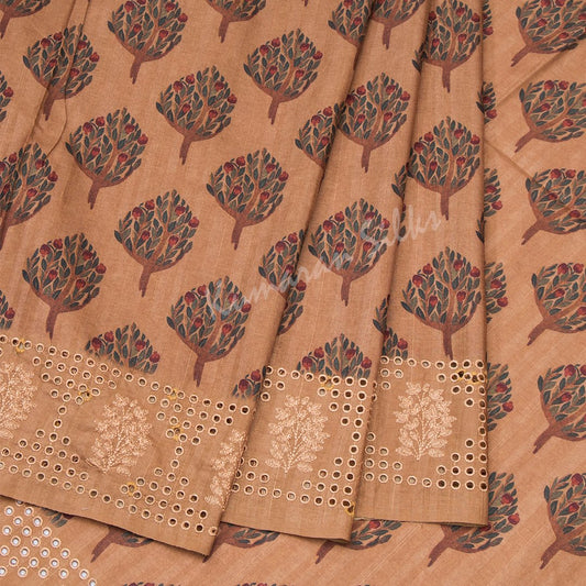 Semi Raw Silk Printed Peanut Brown Saree With Cut Work Embroidery Border